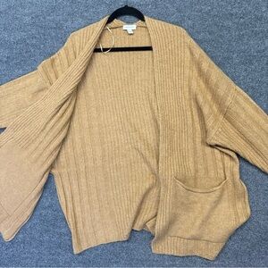 Topshop Ribbed Open Front Cardigan XS Camel Tan Oversized Knit Sweater Pockets